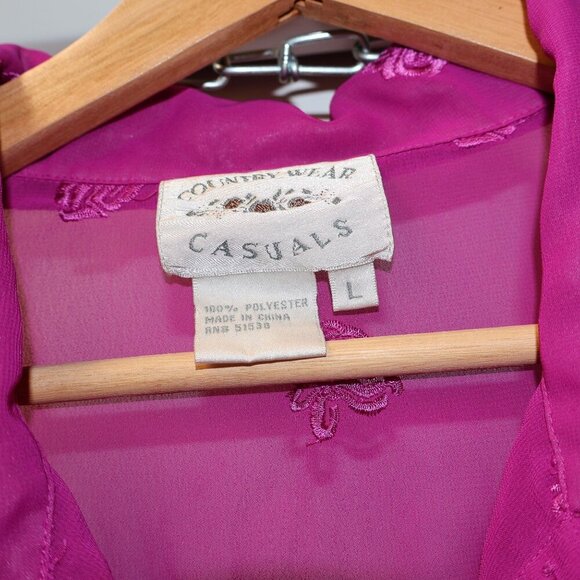 Country Wear Casuals Sheer Pink Button-Up Blouse With Embroidered Floral Pattern - Picture 9 of 10